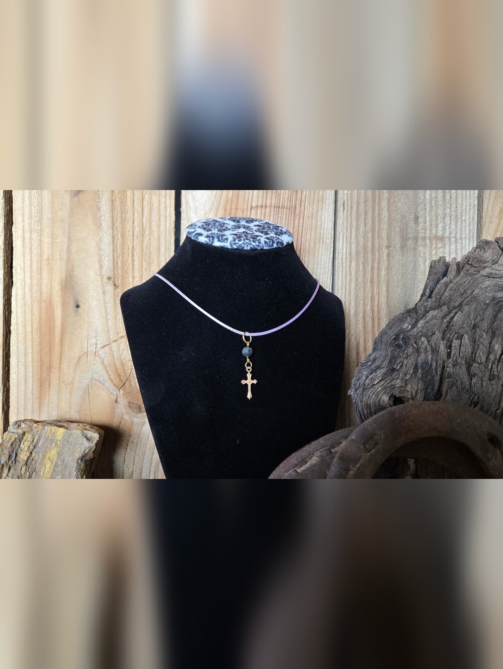 Country Gypsy Lavender Cross Aromatherapy Necklace Lava Bead Christian Jewelry